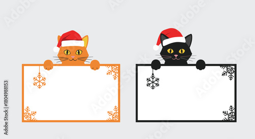 Two cartoon cats wearing Santa hats holding blank signs with snowflakes, festive holiday background.