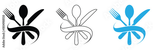Elegant dining cutlery set for restaurant logo, food blog, or culinary brand identity in black, white, and blue color schemes ready for creative use