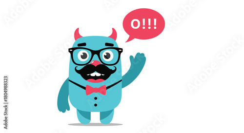 Cute blue monster with glasses, mustache, and bow tie waving hello.