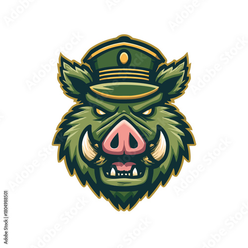 Green wild boar wearing a military cap, fierce expression