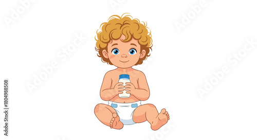 Cute blonde baby with curly hair holding a milk bottle while sitting down.