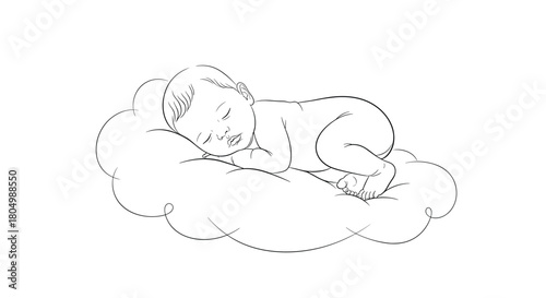 Black and white line drawing of a peaceful newborn baby sleeping soundly on a fluffy cloud.