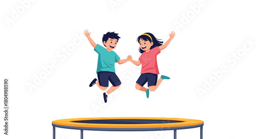 Joyful children holding hands while jumping high on a trampoline together.