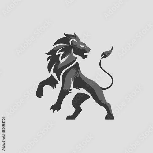 Stylized lion with mane standing on hind legs, side profile