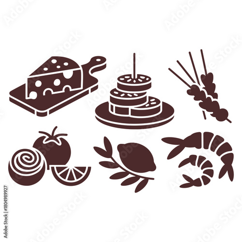 Dark brown food icons on white background cheese shrimp lemon tomato cheddar swiss cheese