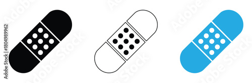 Bandage collection for healthcare design elements and injury aid visuals, three color options for medical and first aid concepts, wound care solutions