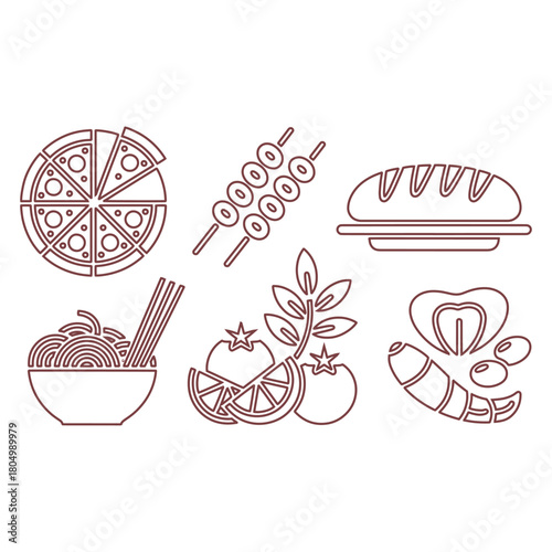 Food icons pizza skewers bread bowl of noodles tomatoes and shrimp vector