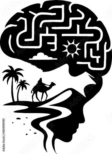 A silhouette of a desert mirage unfolding into a brain-like maze, illusions forming pathways of subconscious desires and hidden fears, on a white background 
