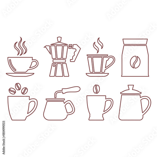 Coffee icons set with cups moka pot grinder and coffee beans saucer steam
