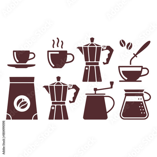 Collection of dark brown coffee making icons on white background espresso mocha pot