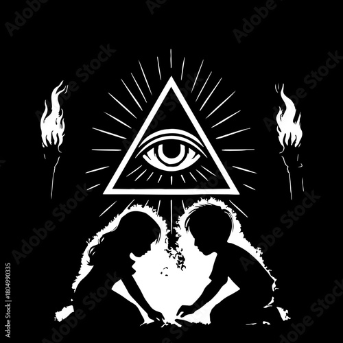 All-Seeing Eye Watching Children silhouette vector  with white background 
