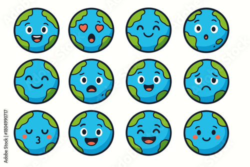 A set of 12 super cute kawaii emoji icons of planet Earth with different emotions and facial expressions.