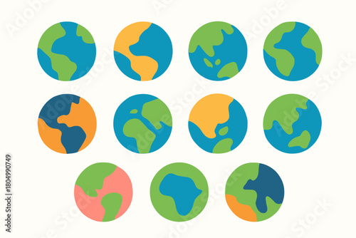 A set of 11 very minimalistic, almost childlike flat icons of planet Earth in bright, saturated colors.