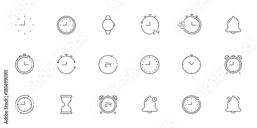 Clock And Timer Line Icon Set. Time Management, Alarm, And Stopwatch Outline Symbol Collection. Includes Hourglass, Bell, And 24-Hour Cycle. Editable Stroke. Isolated Vector Illustration
