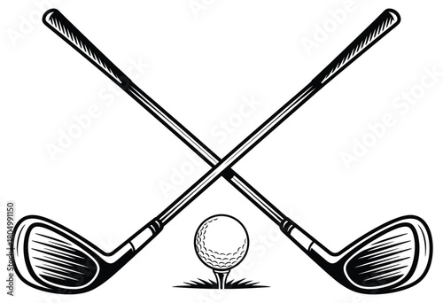 crossed golf clubs and ball tee icon in silhouette style, simple vector illustration perfect for golfing logos, sports merchandise, tournament graphics, and outdoor recreation design projects.