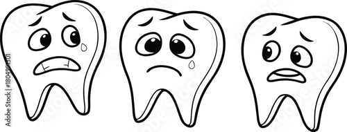 Sad tooth cartoon characters. Dental pain illustration. Cute worried teeth line art. 