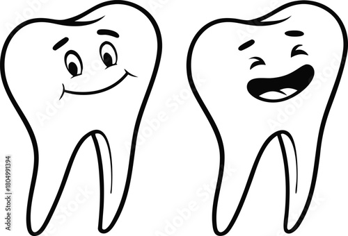 Cute cartoon tooth characters in a fun black and white style. Smiling dental illustrations perfect for kids and oral care themes. Playful tooth art ideal for dental design projects. 