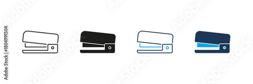 Stapler Line And Solid Icon Set. Office Supply And Document Organization Symbol Collection. Essential Stationery For Paper Management. Isolated Vector Illustration