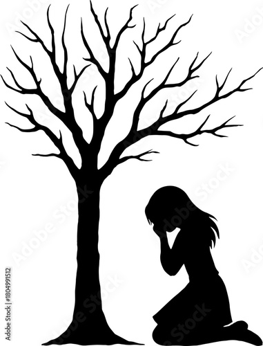 Lonely Figure Crying Silhouette Under A Leafless Tree Black And White Silhouette Of Vector With White Background 