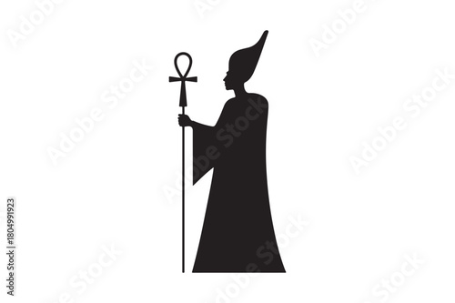Silhouette of an egyptian pharaoh holding an ankh staff