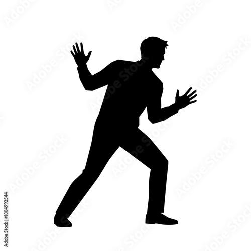 Silhouette of anxious man in defensive pose on white background with copy space