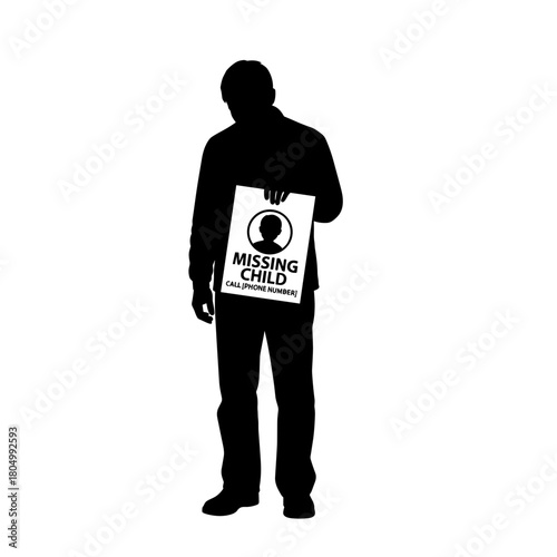 Silhouette of man holding missing child poster on white background with copy space