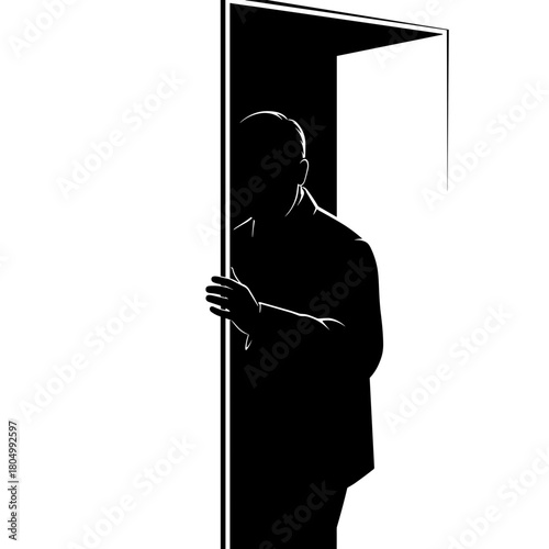 Silhouette of man entering dark room through door on white background with copy space