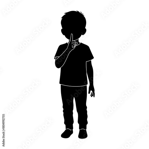Silhouette of boy making silence gesture on white background with copy space