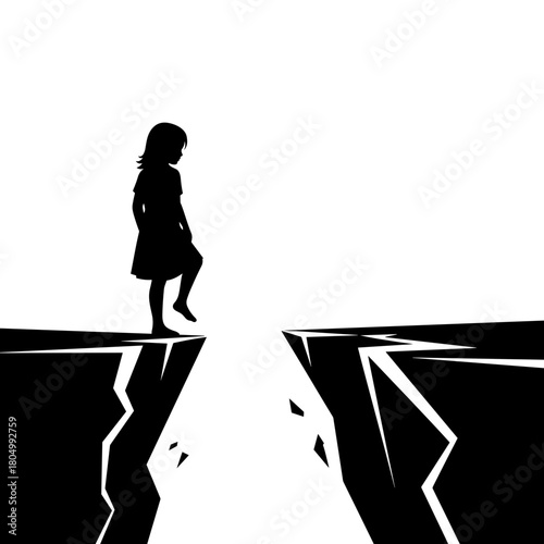 Silhouette of girl standing at edge of cliff gap on white background with copy space