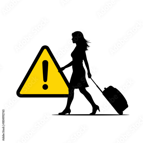 Silhouette of woman with suitcase beside warning sign on white background with copy space