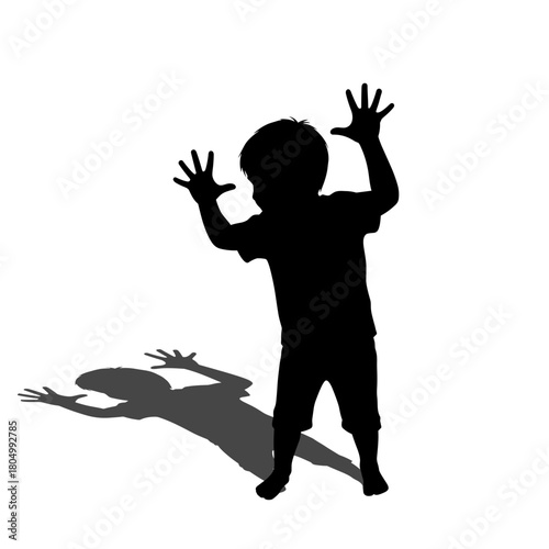 Silhouette of boy raising hands with shadow on white background with copy space