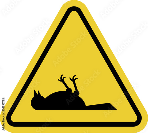Dead Bird sign. Yellow triangle sign. Warning of risk of contamination or presence of dead birds in the area. Avoid contact and observe safety precautions.