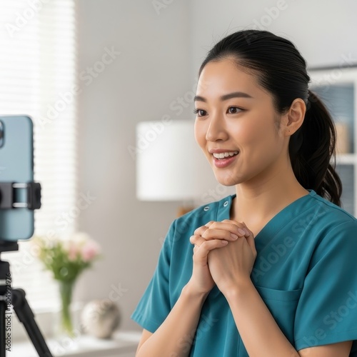 Asian nurse talking to patient on video call on phone