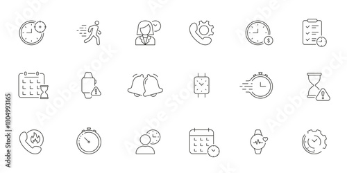 Time Management And Productivity Line Icon Set. Efficient Scheduling, Task Planning, And Deadline Tracking Outline Symbol Collection. Editable Stroke. Isolated Vector Illustration
