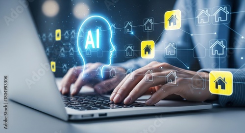 AI Head Hologram Over Laptop with Repeated House Icons — Real Estate Tech
