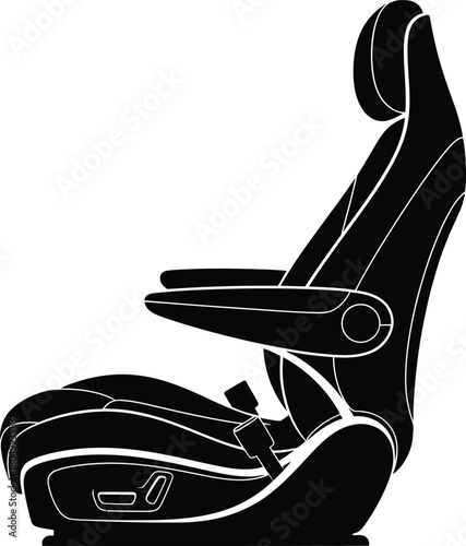 Automotive seat illustration in black and white offering comfort and safety features car component design