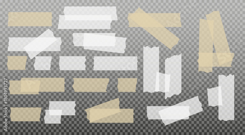 Scotch tape. Sticky paper tape. Adhesive Transparent sticky stripe. Sticker for collage, fixing photo notes. Vector