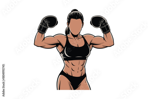 Muscular woman boxer flexing biceps with boxing gloves