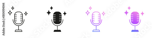 Microphone With Sparkles Line and Solid Icon Set. AI Voice Recording And Speech Recognition Symbol Collection. Isolated Vector Illustration