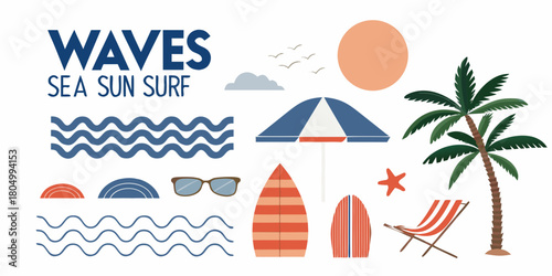 Summer beach elements collection with waves sun palm tree surfboards and beach chair
