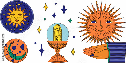 Celestial and mystical elements featuring sun moon crystal ball stars and hand