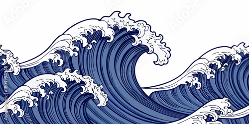 Stylized japanese great wave illustration with deep blue water and white foam against a white background