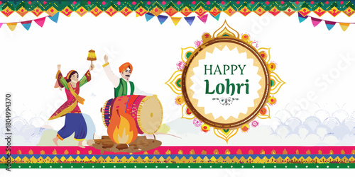 Happy lohri festival celebration with people dancing around a bonfire and playing dhol drum