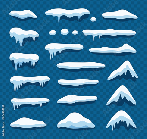 Winter Snow and Icicles Platform Elements Set – Cartoon Frozen Ice Caps, Game Assets, Snow Drifts, Frosty Overlays, Editable Vector Clipart Collection