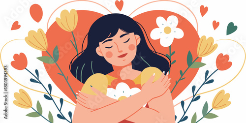 Woman embracing herself with closed eyes surrounded by flowers and hearts symbolizing self love and care