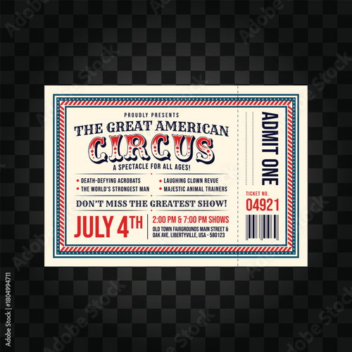 Vintage Circus Ticket Template Retro Carnival Event Ticket Design on a Black Transparent Background