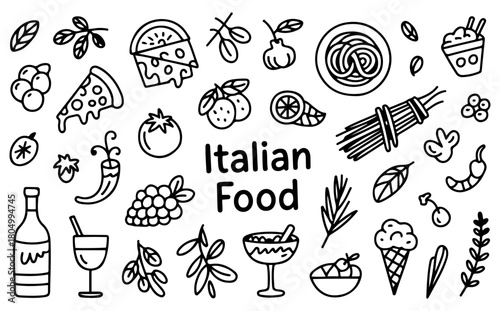 Hand drawn italian food icons and ingredients collection