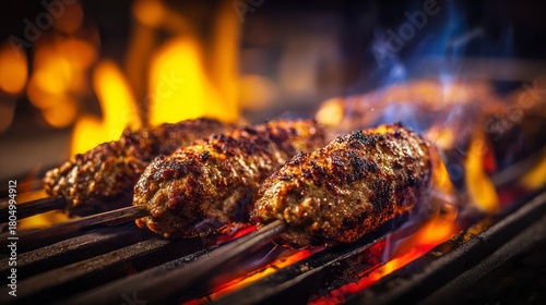 Juicy grilled kofta kebabs sizzling over open flames on a dark charcoal grill, aromatic middle eastern barbecue meat skewers perfect for dinner, street food, and outdoor cooking scenes