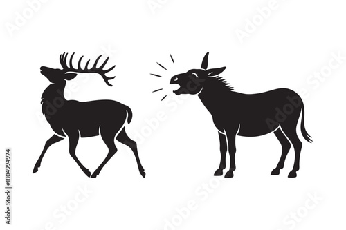 Silhouette of a deer and a donkey in a confrontation