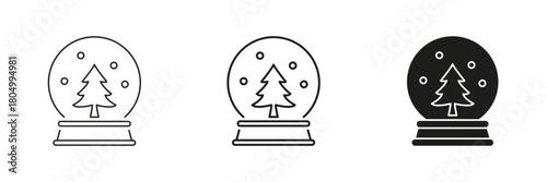 Snow Globe With Christmas Tree In Line, Outline, Glyph Icon Set. Festive Holiday Decoration And Winter Wonderland Symbol Collection. Seasonal Ornament And Celebration. Isolated Vector Illustration